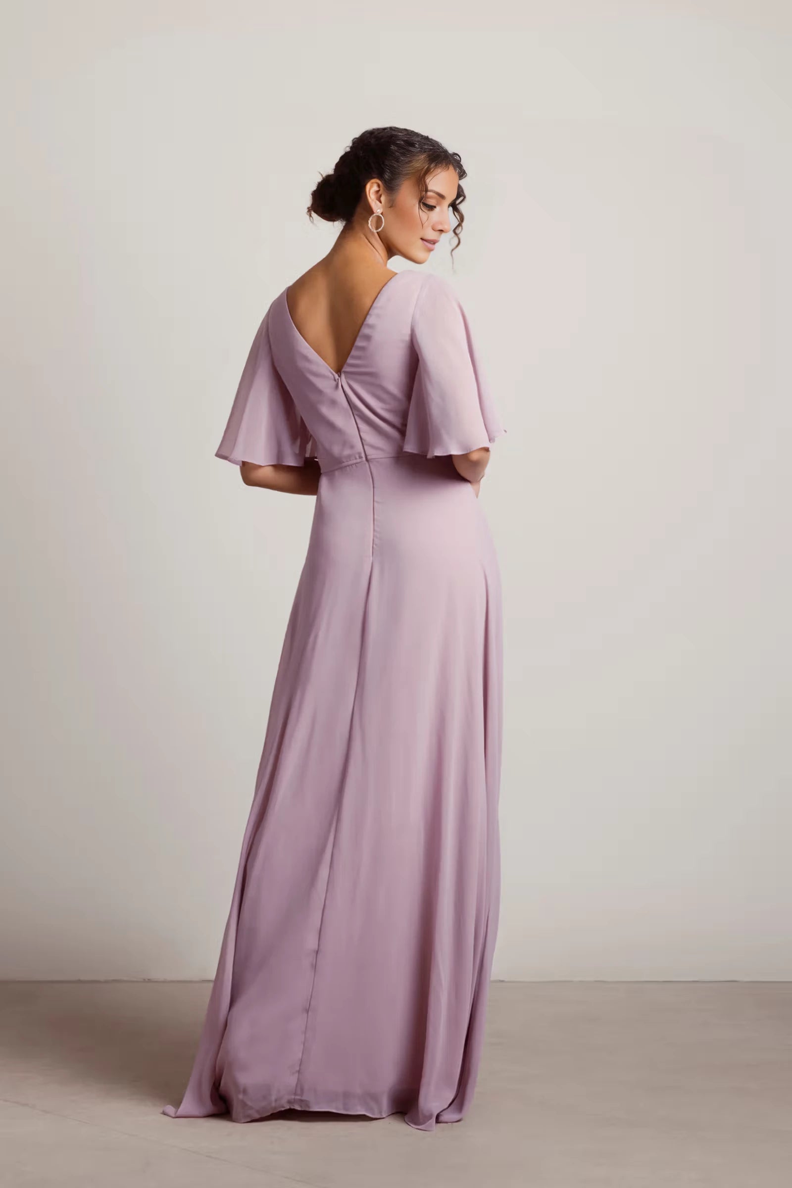 V-neck short sleeved backless side slit and floor length Prom dress
